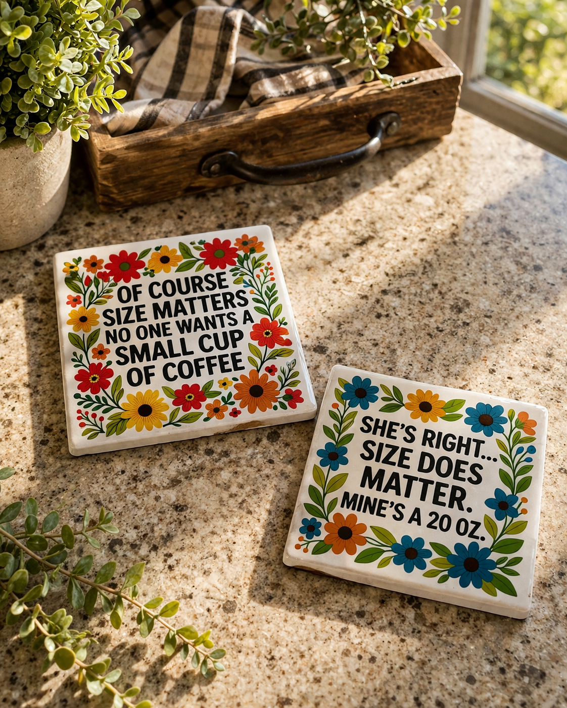 Size Matters Coffee Coaster Set – Funny Coffee Lover Gift