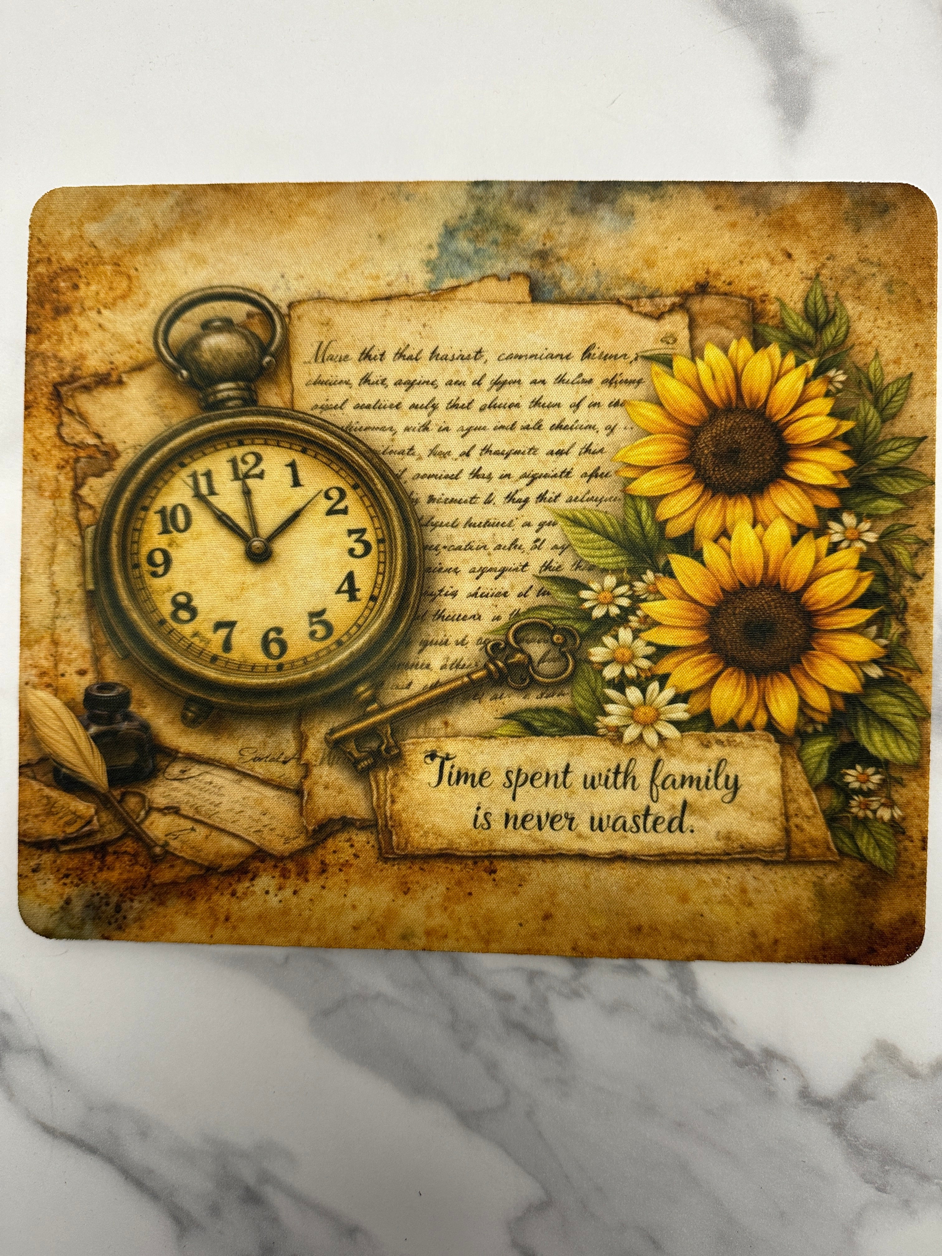 Vintage Time & Sunflowers Mouse Pad