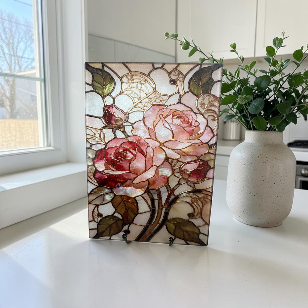 Stained Glass Rose Glass Cutting Board