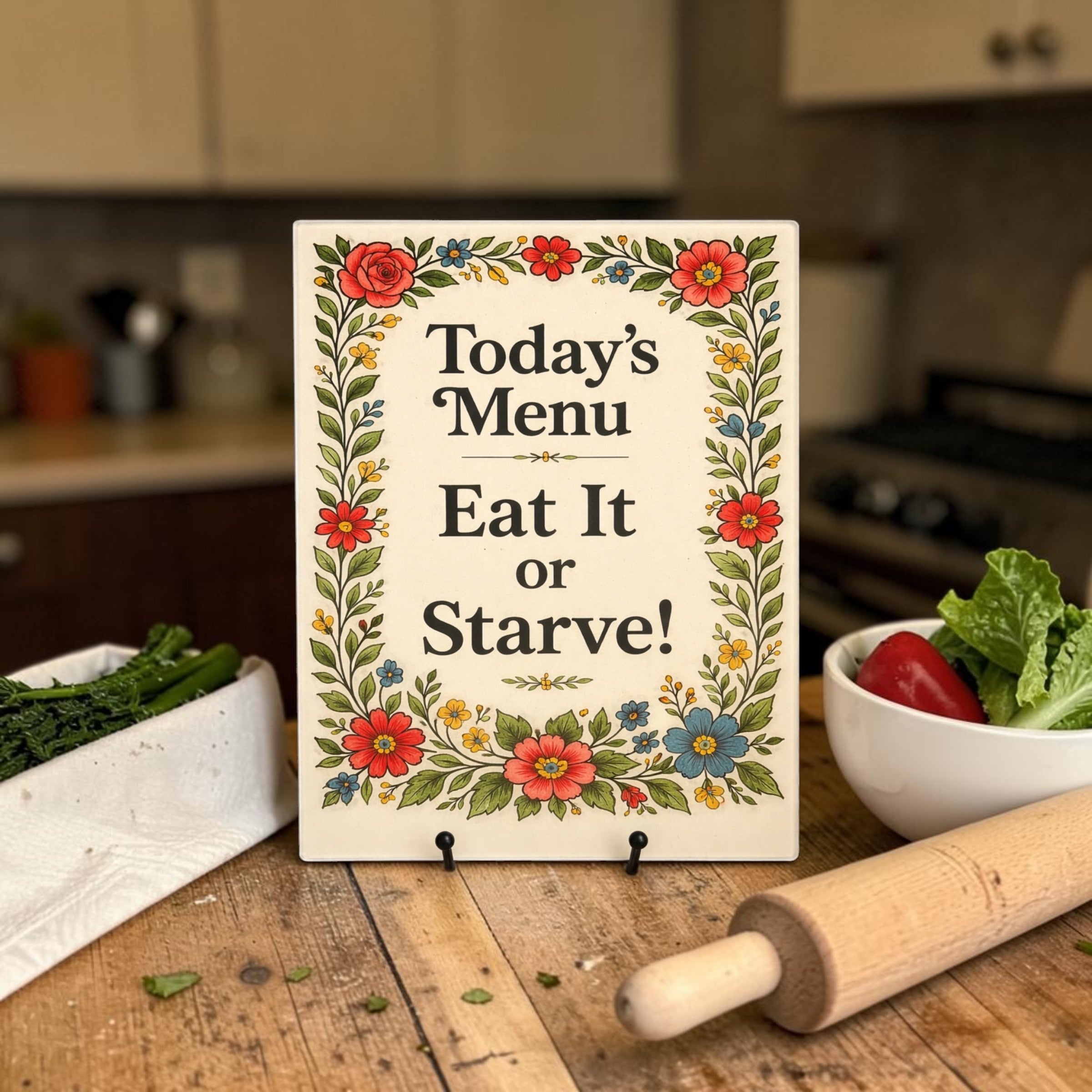 Today’s Menu: Eat It or Starve!” – Floral Decorative Glass Cutting Board