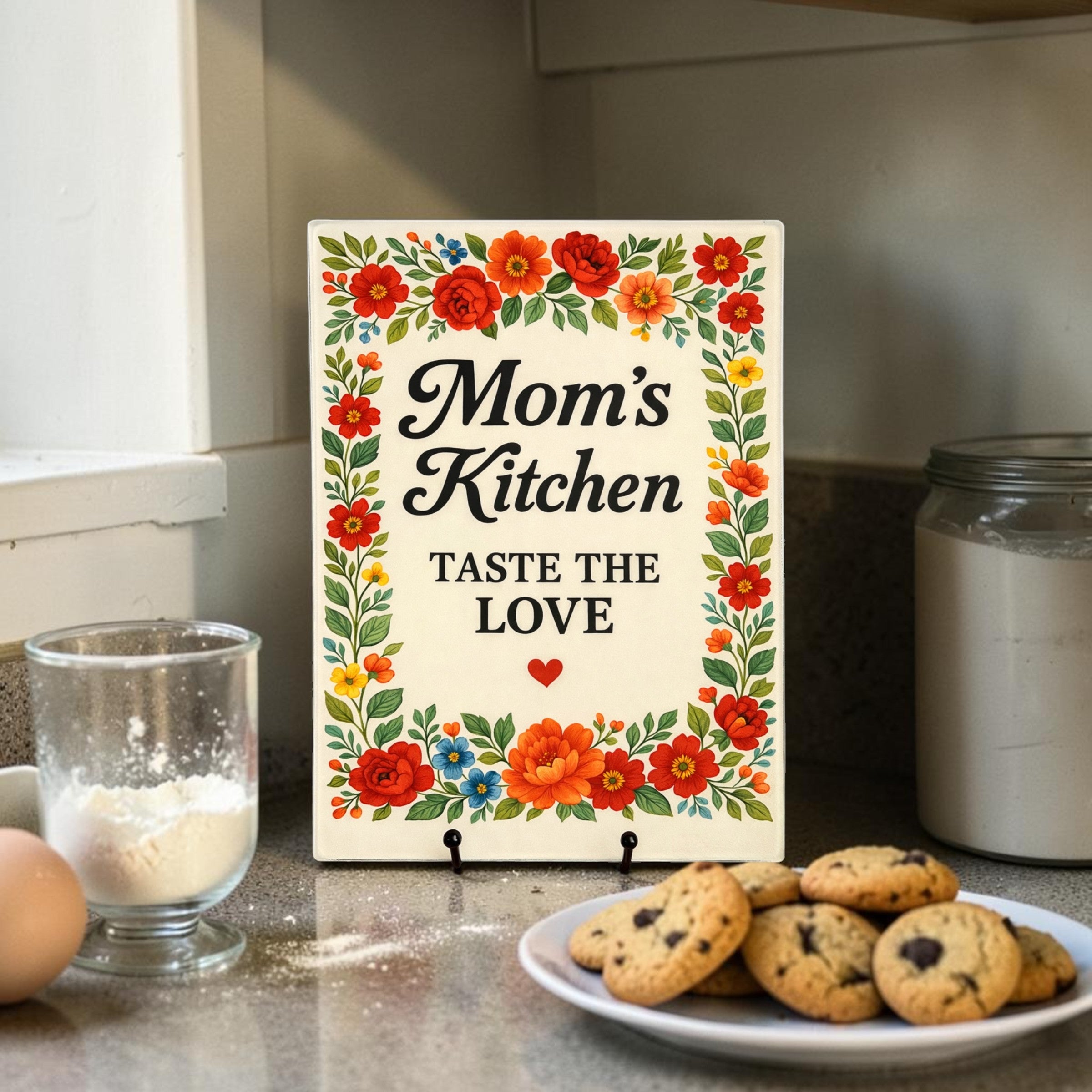 Mom’s Kitchen – Taste the Love | Floral Glass Cutting Board